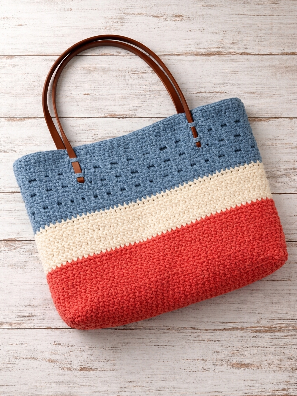 Striped Crochet Tote Bag with Leather Handles - Blue, Cream & Orange